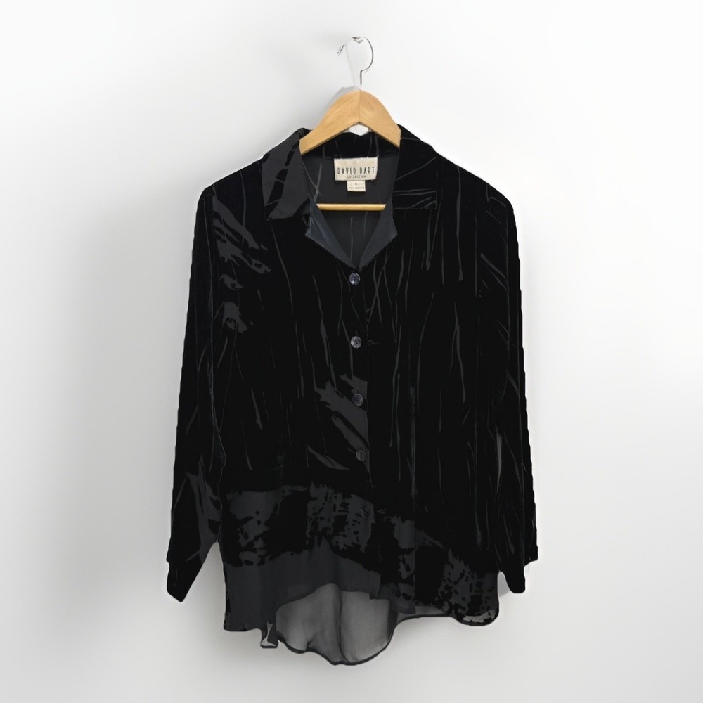 David Dart VTG Black Velvet Burnout Asymmetric Button Up Top Blouse 8 Silk Blend